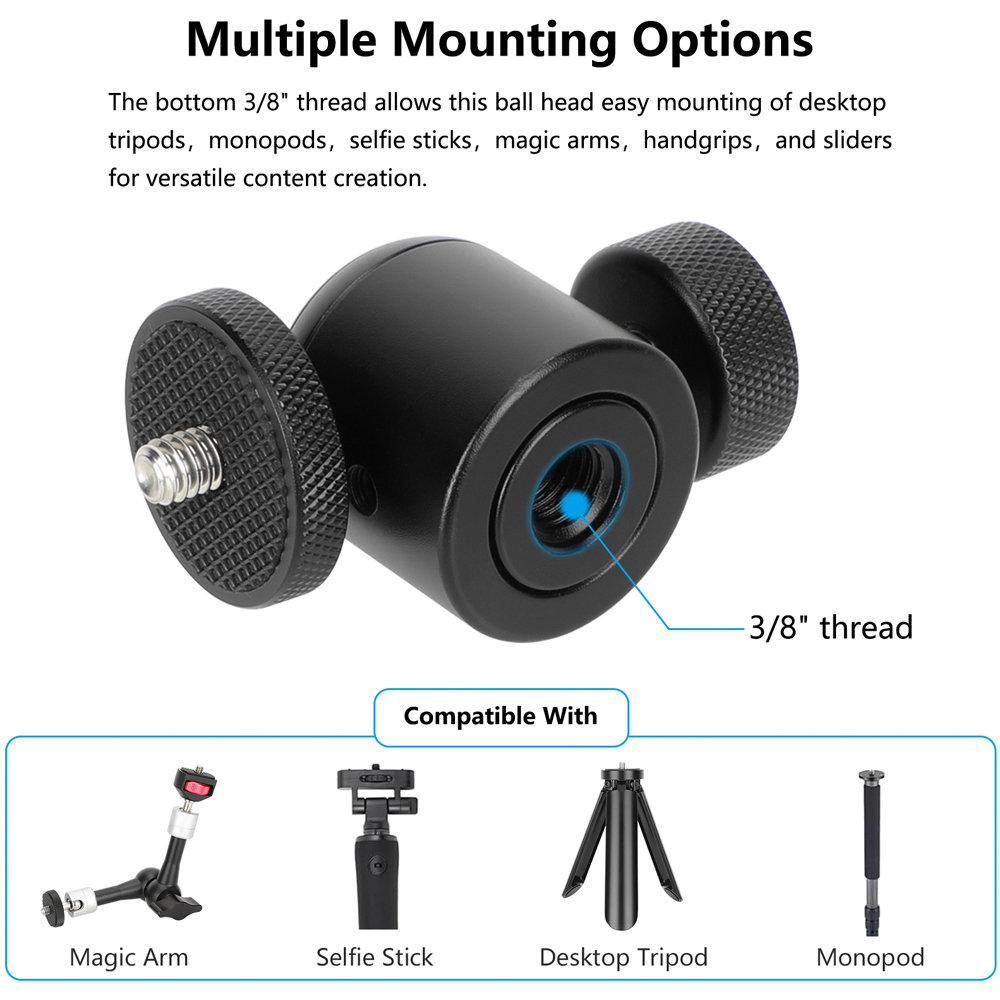 CAMVATE Mini Ball Head with 3/8"-16 Thread and 1/4"-20 Screw Mount (Black, 2-Pack)