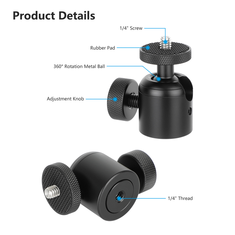 CAMVATE Mini Ball Head with 3/8"-16 Thread and 1/4"-20 Screw Mount (Black, 2-Pack)