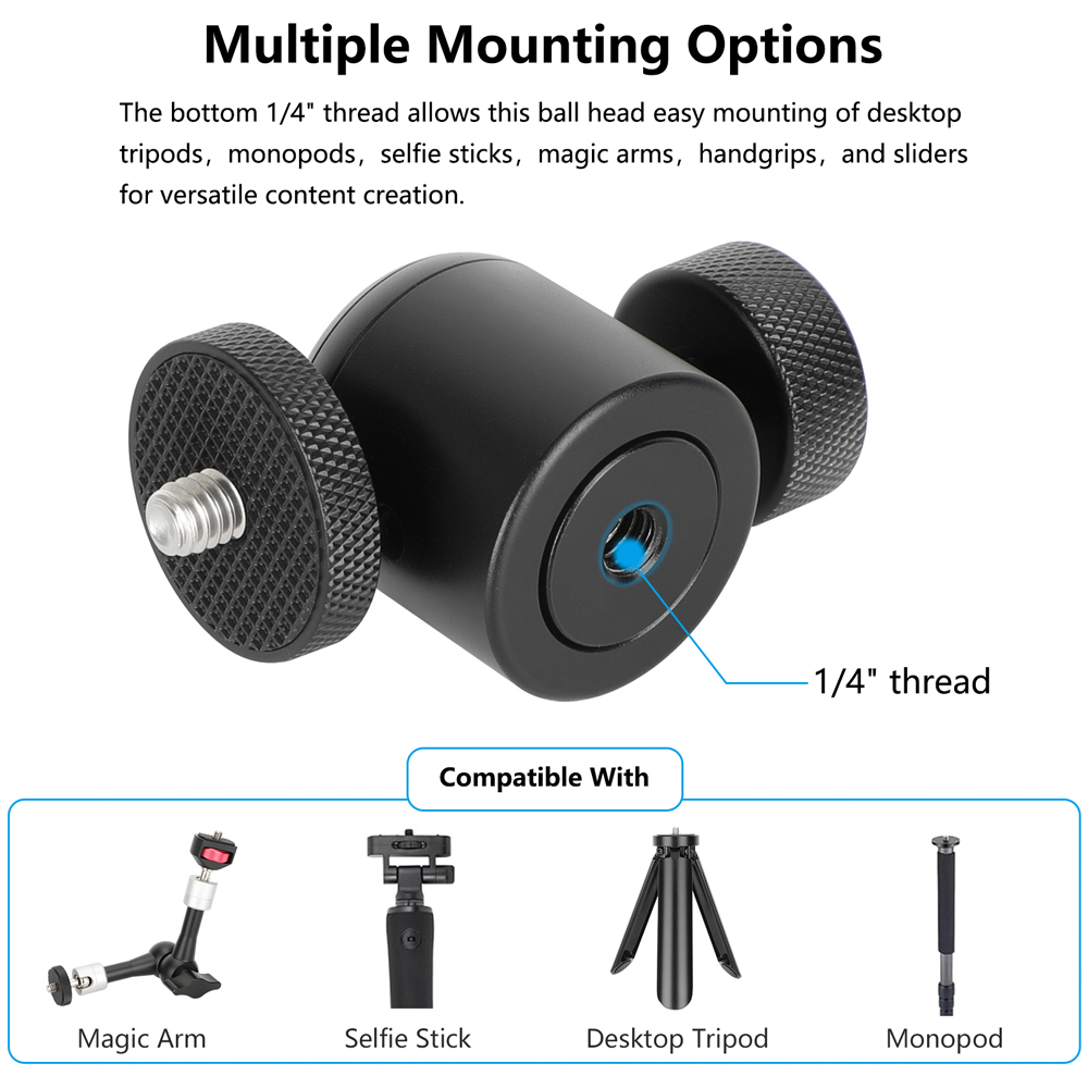 CAMVATE Mini Ball Head with 3/8"-16 Thread and 1/4"-20 Screw Mount (Black, 2-Pack)