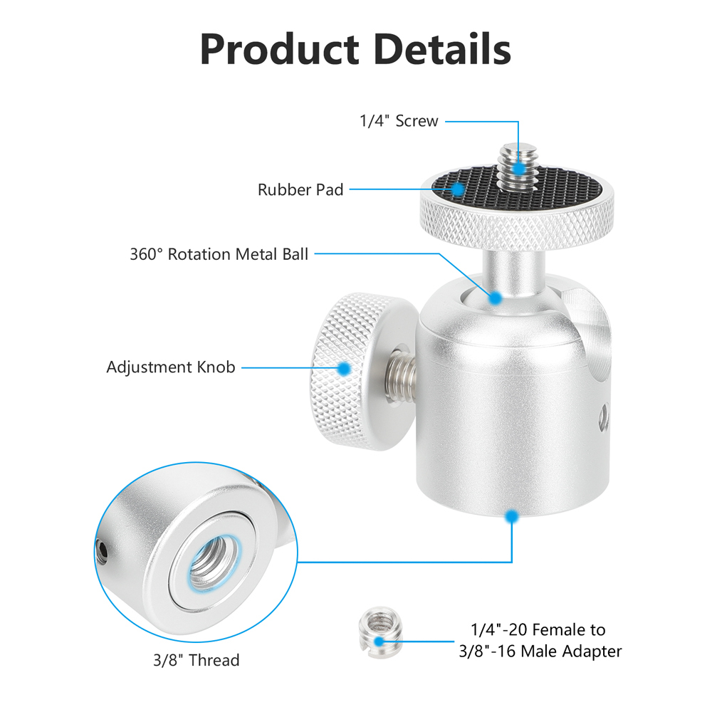 CAMVATE Mini Ball Head with 3/8"-16 Thread and 1/4"-20 Screw Mount (Black, 2-Pack)