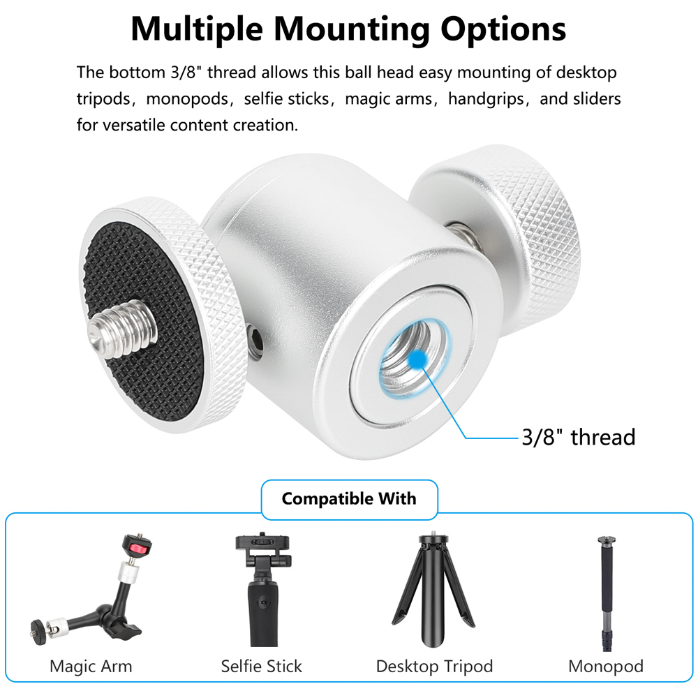 CAMVATE Mini Ball Head with 3/8"-16 Thread and 1/4"-20 Screw Mount (Black, 2-Pack)
