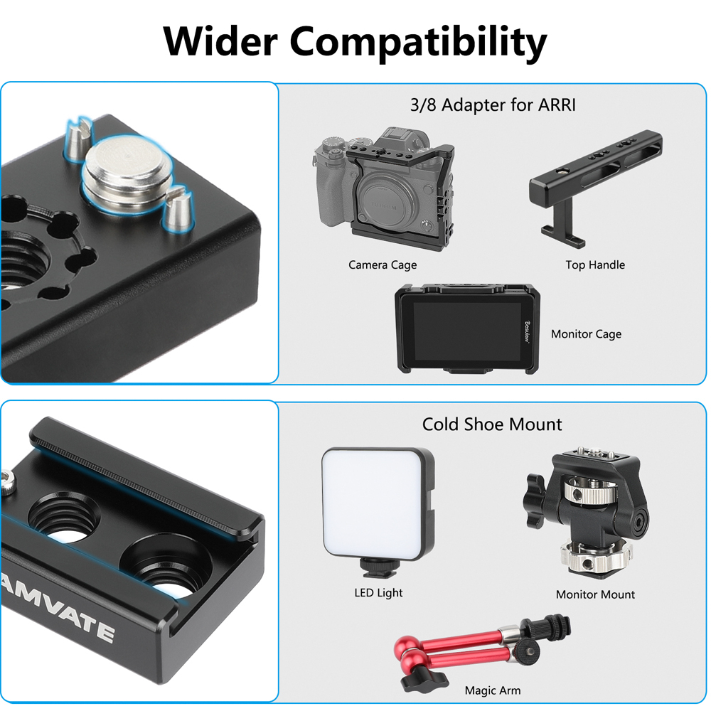 CAMVATE 3/8"-16 Cold Shoe Mount Adapter With ARRI Locating Pins For ARRI Standard Mounting Points