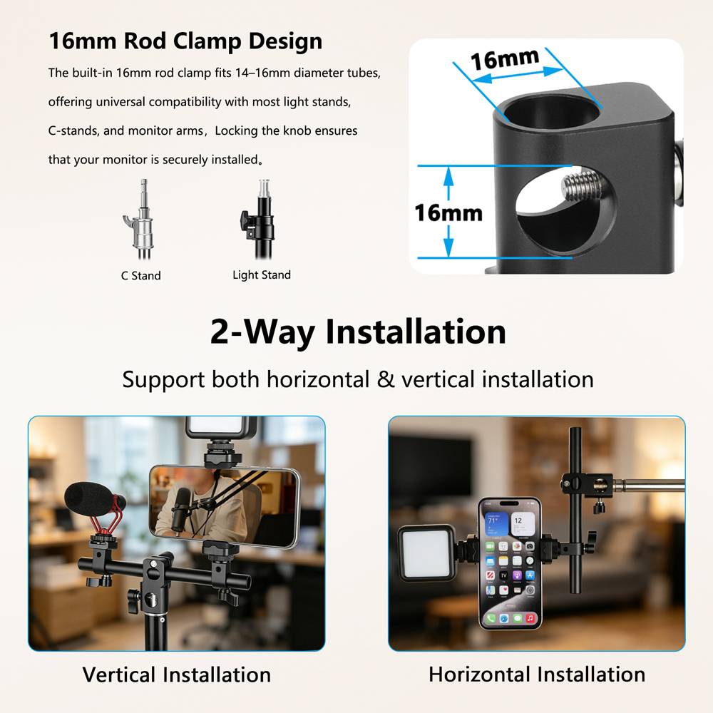 CAMVATE Light Stand Head (Internal Column Diameter 16mm) With 15mm Single Rod Clamp Adapter