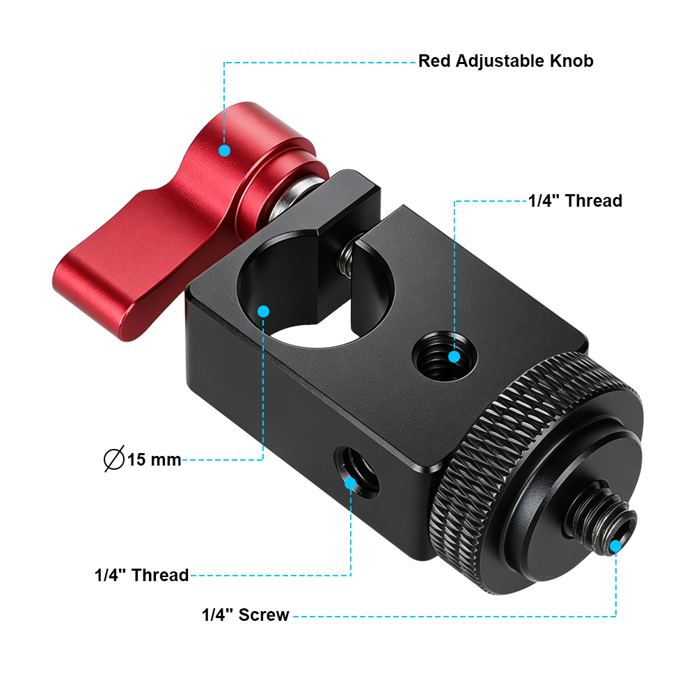 CAMVATE Single Rod Clamp 15mm with 1/4" Mount Screw Adapter (M5 Rotating Knob-Red)