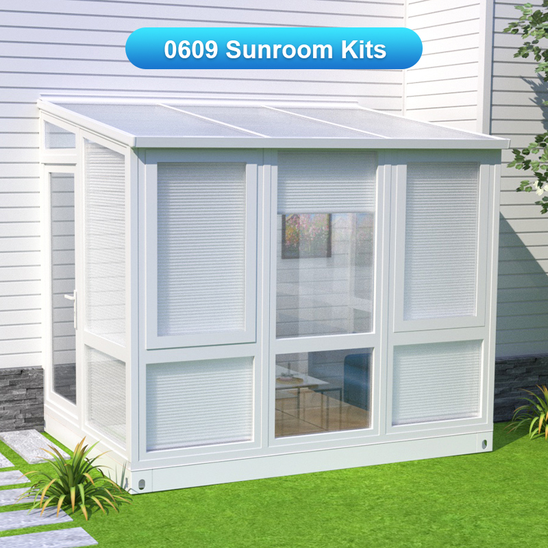 Series 0609 DIY sunroom with one casement door 4 fixed windows 2 casement window or awning window all double glazing safety glass,optional re-mote control window curtains sunshades and DIY foundation