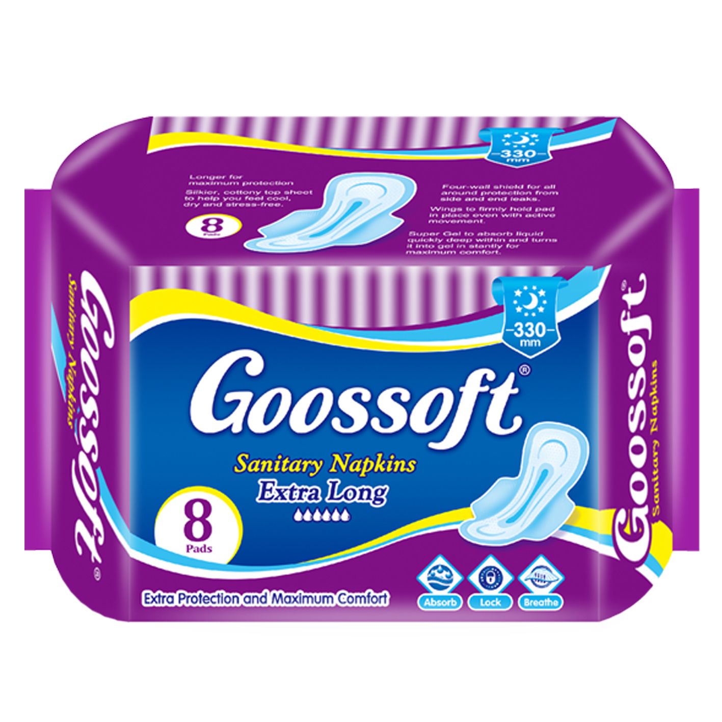 GOOSSOFT Intimas IMPORTADAS nocturnas con Alas; Largo de 330mm, Toallas Femeninas Nocturnas , Flujo Súper Abundante; 8 Toallas por paquete; Toalla Femeninas para Flujo Abundante, Centro de Rápida Absorción, 48 paquetes por paca