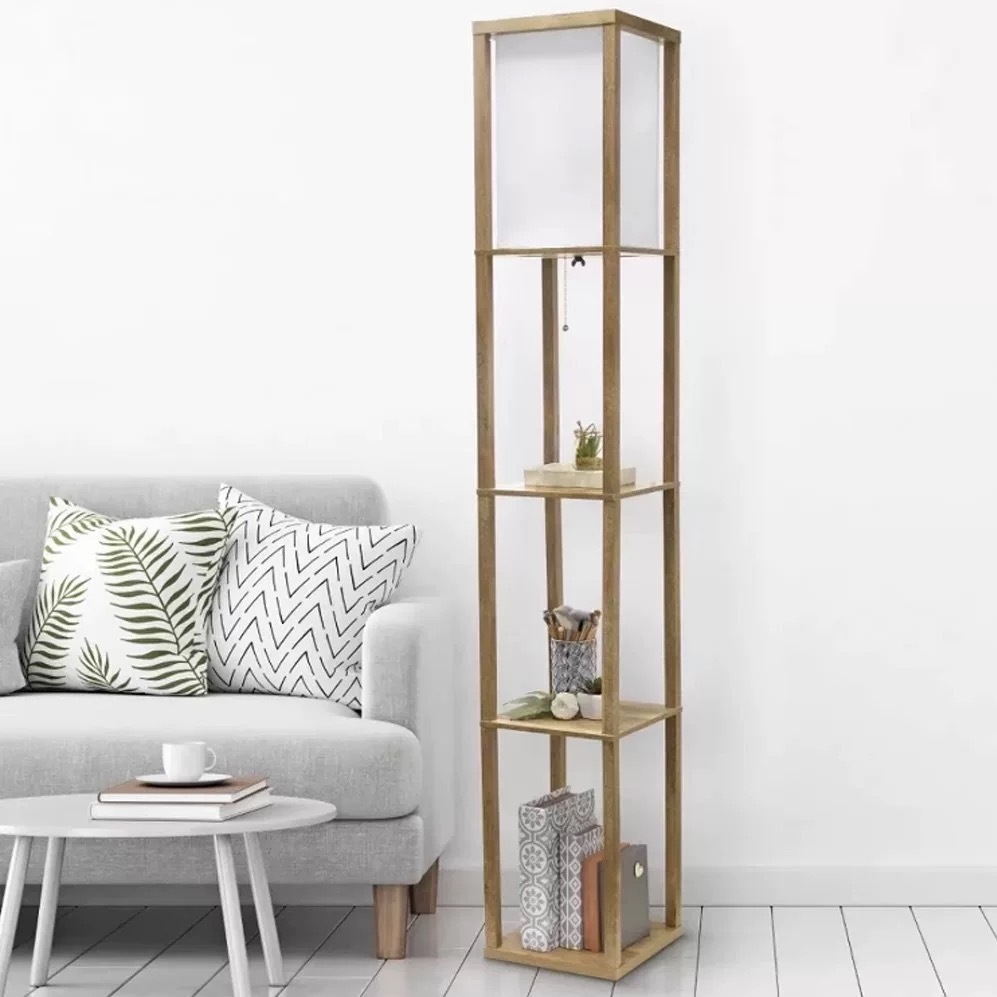 Lámpara de piso de tela de madera estilo creativo y calido, lámparas de cabecera de cama de dormitorio residencial sala de estar, iluminación + estante multifuncional