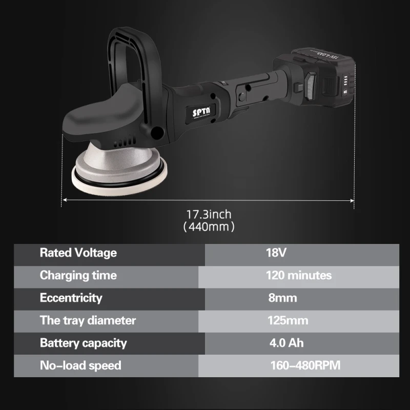 SPTA 18V 5Inch Cordless Forced Rotation Dual Action Polisher 8mm Orbit Variable Speed Polishing Machine With 4000mAh Battery