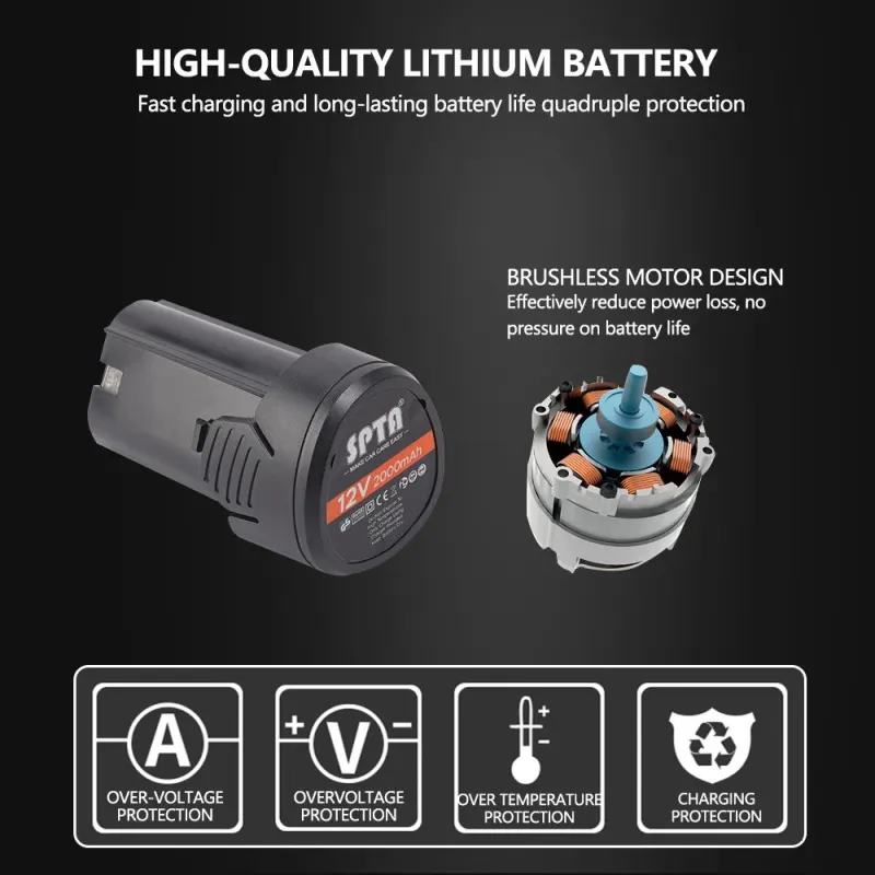 SPTA 12V 2000mAh Battery for 12V Cordless Buffer Polisher 8mm DA Polisher