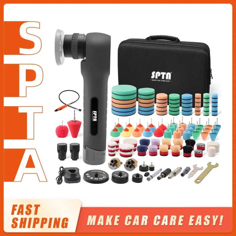 SPTA 12V Mini Cordless Car Polisher Wireless Polishing Machine With Flexible Shaft Kit 8mm/12mm DA&RO Polisher 2pcs2.5Ah Battery