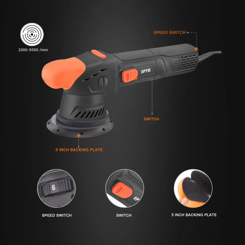 SPTA CP304 710W 5" Dual Action Polisher 5-Meter Long Power Supply Cord Constant Speed Output