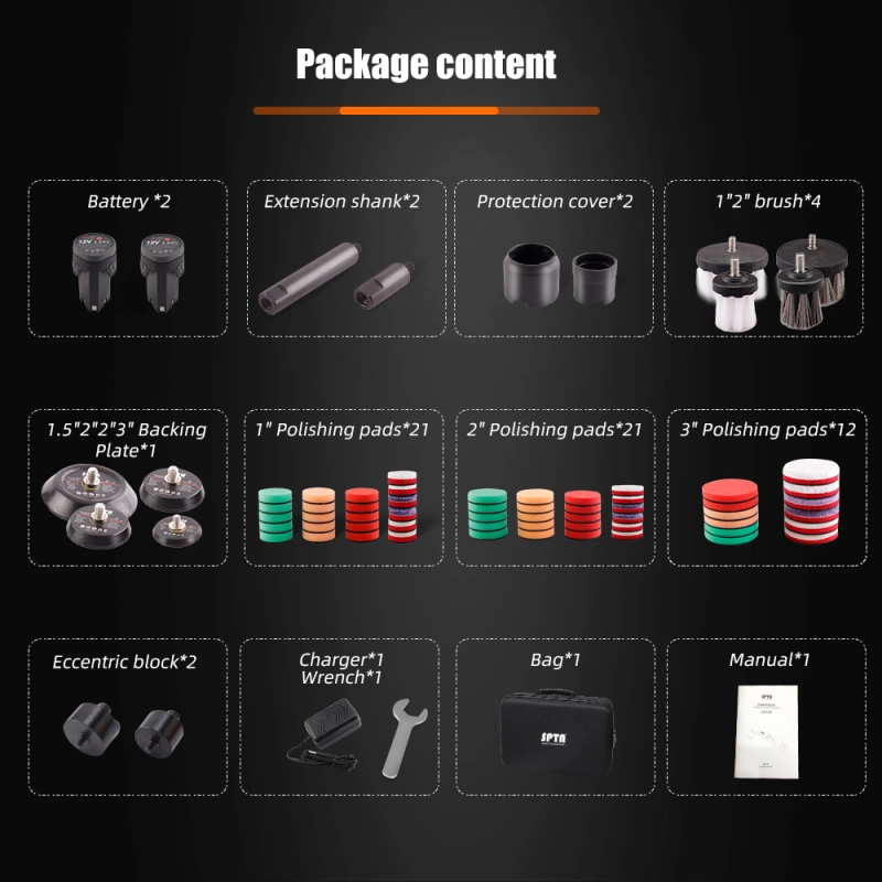 SPTA 12V Cordless Mini Car Polisher RO/DA Micro Scratches Killer Cordless Detail Polisher With Adjustment Speed & 2 Batteries