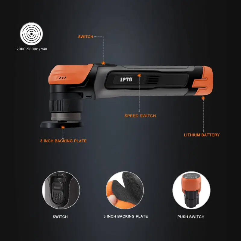 SPTA CP201 Cordless Mini Polisher Detail Dual Action And Rotary Polisher Constant Speed Output For Car Polishing - Fast Charge