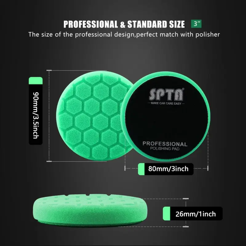 SPTA 3 Inch to 7 Inch T120 Green Heavy Cut Foam Polishing Pad Hex-Logic Buffing Pads To Remove 1200/1500# Sanding Disc Marks ,Deep Scratches,Overspray, Orange Pee & Heavy Oxidation
