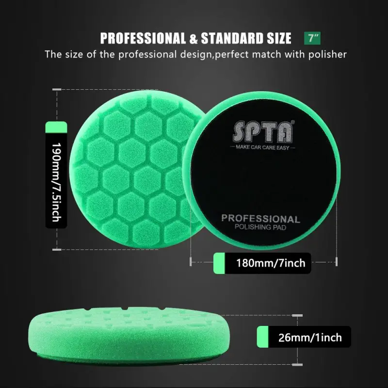 SPTA 3 Inch to 7 Inch T120 Green Heavy Cut Foam Polishing Pad Hex-Logic Buffing Pads To Remove 1200/1500# Sanding Disc Marks ,Deep Scratches,Overspray, Orange Pee & Heavy Oxidation