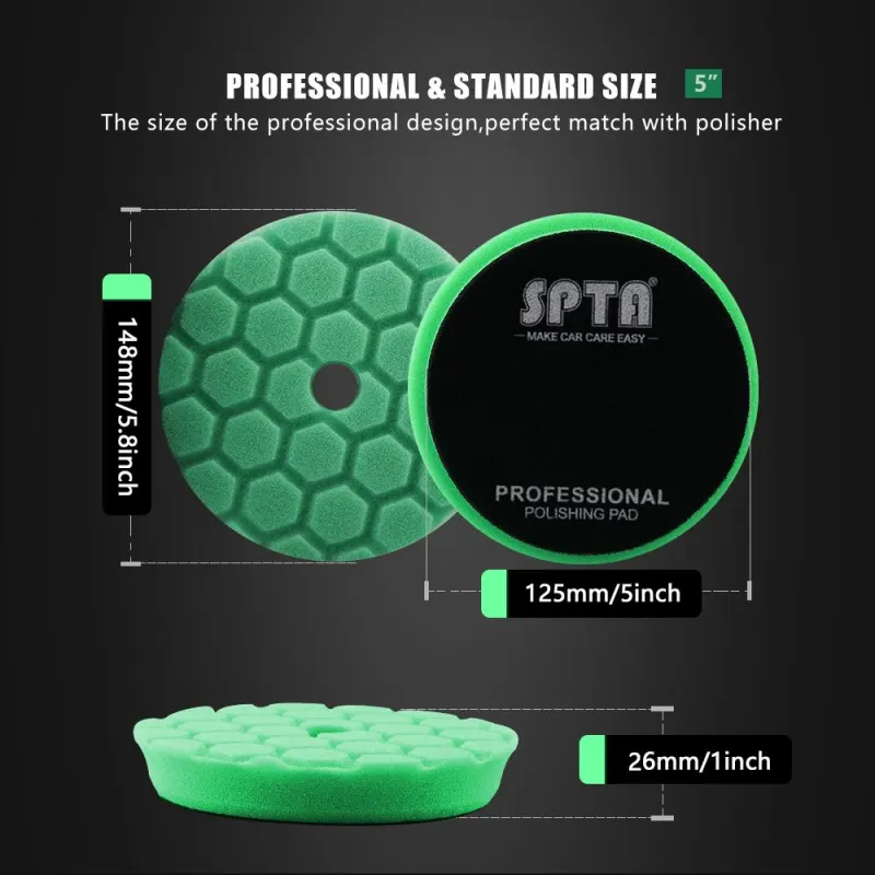 SPTA 3 Inch to 6 Inch T120 Green Heavy Cut Foam Polishing Pad For DA/RO/GA Car Buffer Polisher Hex-Logic PadsTo Remove 1200/1500# Sanding Disc Marks ,Deep Scratches,Overspray, Orange Pee & Heavy Oxidation