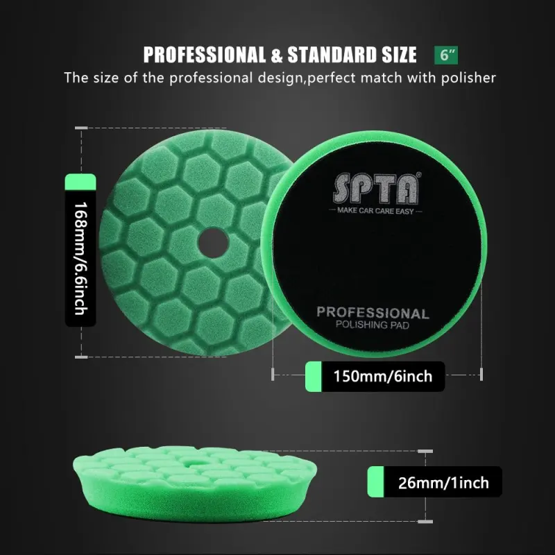 SPTA 3 Inch to 6 Inch T120 Green Heavy Cut Foam Polishing Pad For DA/RO/GA Car Buffer Polisher Hex-Logic PadsTo Remove 1200/1500# Sanding Disc Marks ,Deep Scratches,Overspray, Orange Pee & Heavy Oxidation