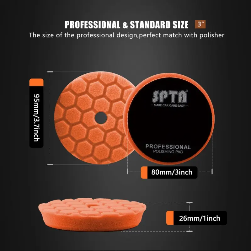 SPTA 3 Inch to 6 Inch T40 Orange Medium-Cut Foam Polishing Pad For DA/RO Car Polisher Hex-Logic Pads To Remove Light Cutting Pad ,Remove 2000# Sanding Disc Marks ,Fine Scratches & Light Oxidation High-Cut Foam Pad