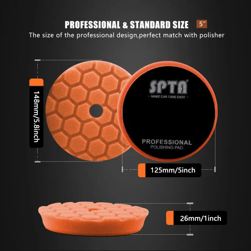 SPTA 3 Inch to 6 Inch T40 Orange Medium-Cut Foam Polishing Pad For DA/RO Car Polisher Hex-Logic Pads To Remove Light Cutting Pad ,Remove 2000# Sanding Disc Marks ,Fine Scratches & Light Oxidation High-Cut Foam Pad