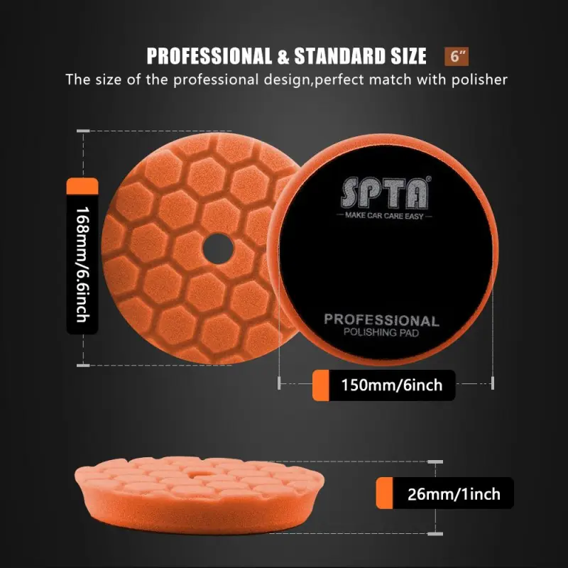 SPTA 3 Inch to 6 Inch T40 Orange Medium-Cut Foam Polishing Pad For DA/RO Car Polisher Hex-Logic Pads To Remove Light Cutting Pad ,Remove 2000# Sanding Disc Marks ,Fine Scratches & Light Oxidation High-Cut Foam Pad