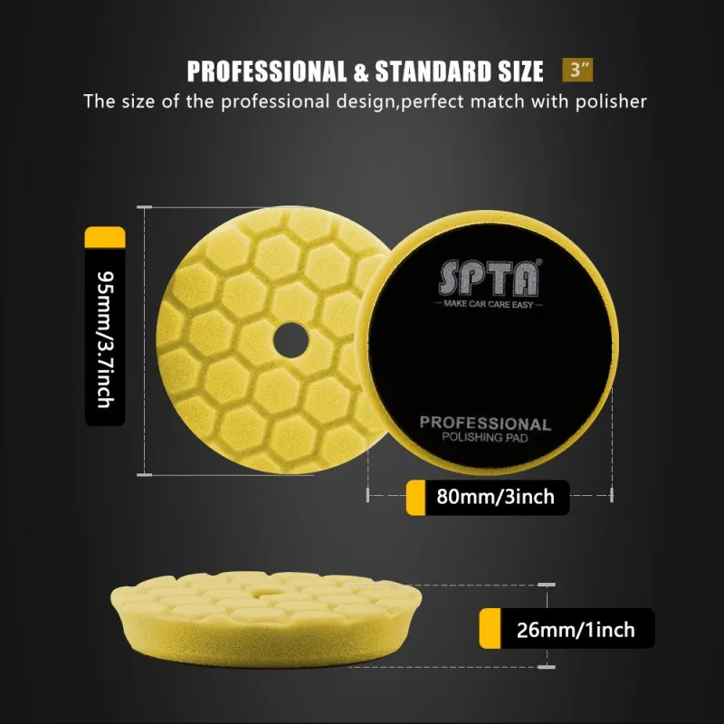 SPTA 3 Inch to 6 Inch T80 Intensive Cutting Swirl-Free Foam Polishing Pad For DA/RO/GA Car Buffer Polisher Hex-Logic Pads To Remove 1500/2000# sanding disc marks, swirl marks & heavy/medium oxidation