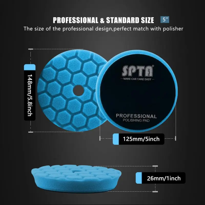 SPTA 3 Inch to 6 Inch T60 Moderate-Cut Foam Polishing Pad For DA/RO Car Polisher Hex-Logic Pads To Remove 1500#/2000# Sanding disc marks & Medium oxidation Over Spray, And Surface imperfections