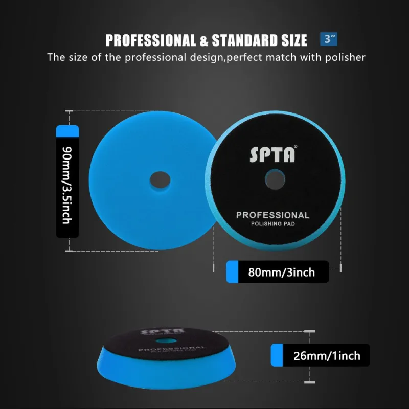 SPTA 3 Inch to 6 Inch T60 Moderate-Cut Foam Polishing Pad For DA/RO Car Polisher To Remove 1500#/2000# Sanding disc marks & Medium oxidation Over Spray, And Surface imperfections
