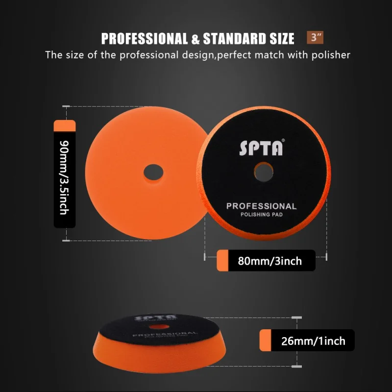 SPTA 3 Inch to 6 Inch T40 Orange Medium-Cut Foam Polishing Pad For DA/RO Car Polisher To Remove Light Cutting Pad ,Remove 2000# Sanding Disc Marks ,Fine Scratches & Light Oxidation High-Cut Foam Pad
