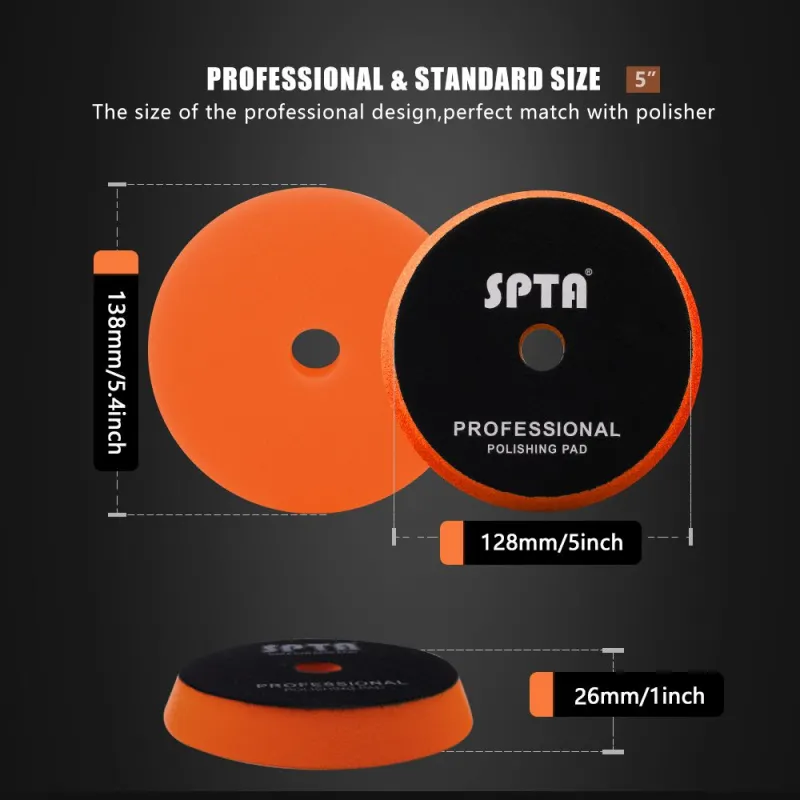 SPTA 3 Inch to 6 Inch T40 Orange Medium-Cut Foam Polishing Pad For DA/RO Car Polisher To Remove Light Cutting Pad ,Remove 2000# Sanding Disc Marks ,Fine Scratches & Light Oxidation High-Cut Foam Pad