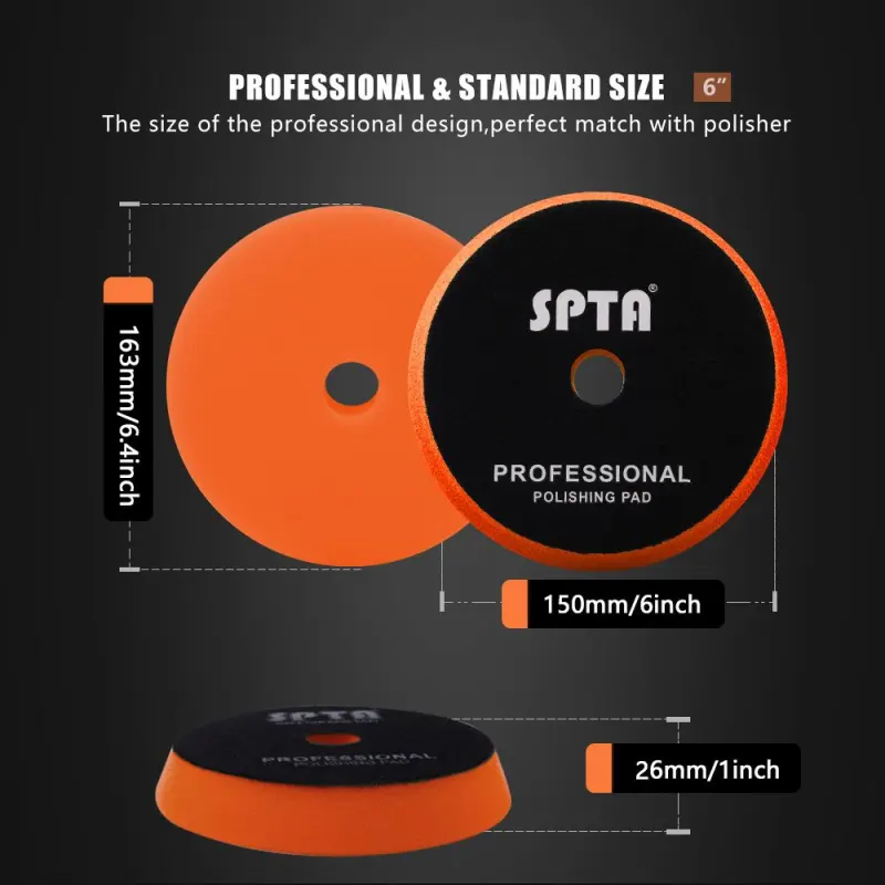 SPTA 3 Inch to 6 Inch T40 Orange Medium-Cut Foam Polishing Pad For DA/RO Car Polisher To Remove Light Cutting Pad ,Remove 2000# Sanding Disc Marks ,Fine Scratches & Light Oxidation High-Cut Foam Pad