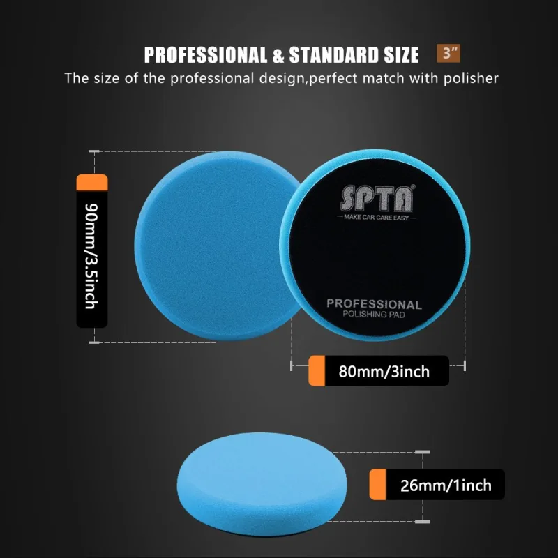 SPTA 3 Inch to 7 Inch T60 Moderate-Cut Foam Polishing Pad For DA/RO Car Polisher To Remove 1500#/2000# Sanding disc marks & Medium oxidation Over Spray, And Surface imperfections