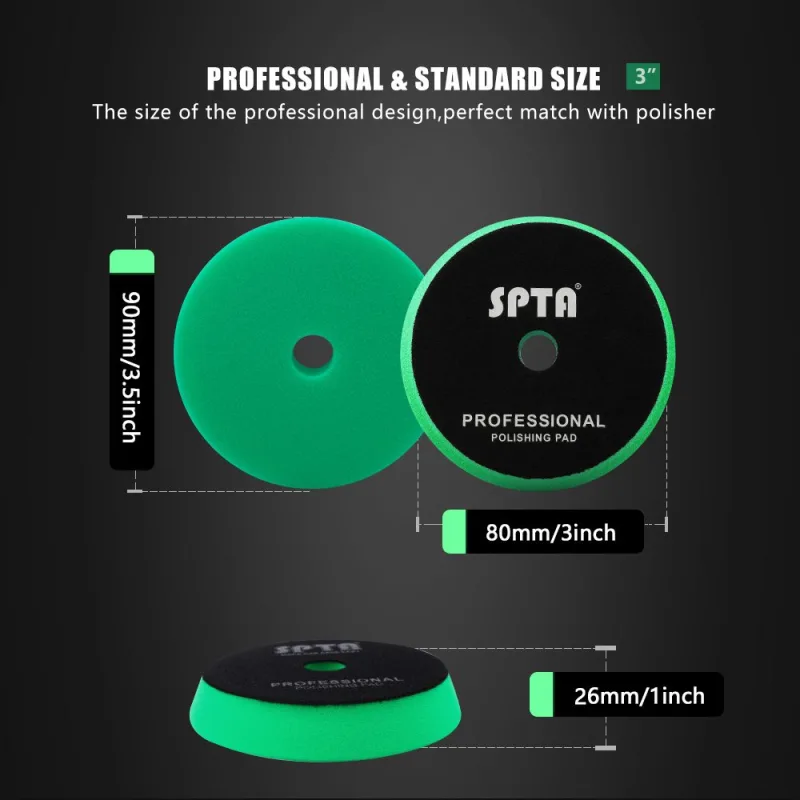 SPTA 3 Inch to 6 Inch T120 Green Heavy Cut Foam Polishing Pad For DA/RO/GA Car Buffer Polisher To Remove 1200/1500# Sanding Disc Marks ,Deep Scratches,Overspray, Orange Pee & Heavy Oxidation