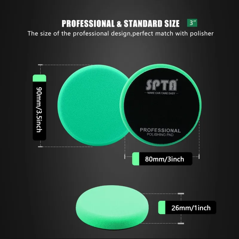 SPTA 3 Inch to 7 Inch T120 Green Heavy Cut Foam Polishing Pad For DA/RO/GA Car Buffer Polisher To Remove 1200/1500# Sanding Disc Marks ,Deep Scratches,Overspray, Orange Pee & Heavy Oxidation