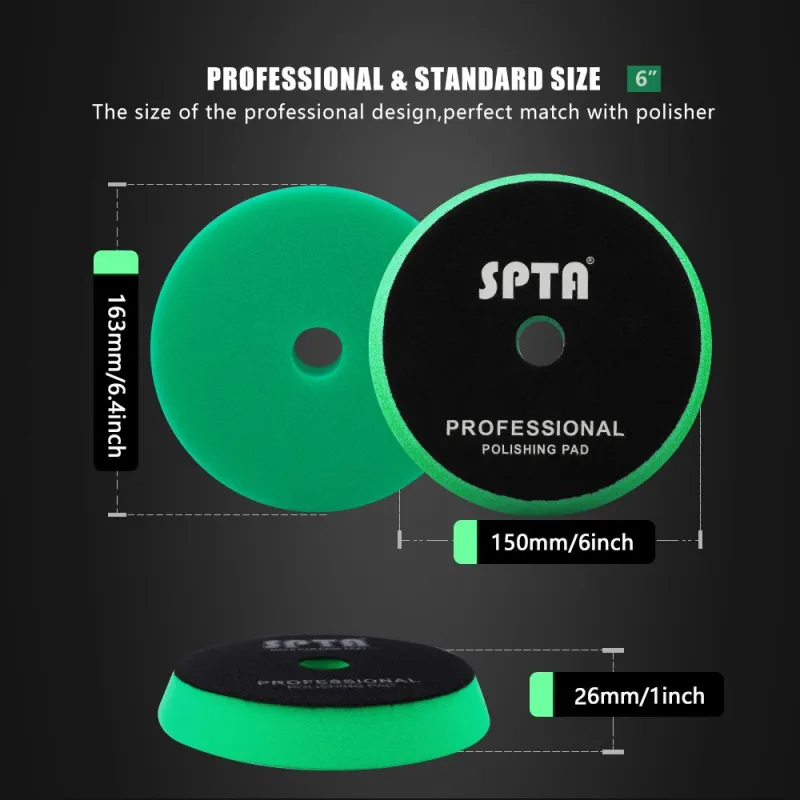 SPTA 3 Inch to 6 Inch T120 Green Heavy Cut Foam Polishing Pad For DA/RO/GA Car Buffer Polisher To Remove 1200/1500# Sanding Disc Marks ,Deep Scratches,Overspray, Orange Pee & Heavy Oxidation
