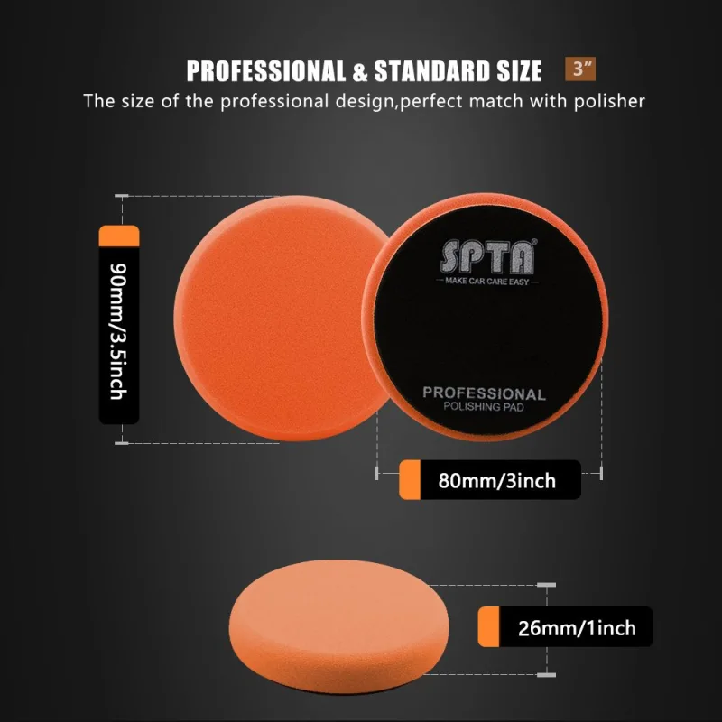 SPTA 3 Inch to 7 Inch T40 Orange Medium-Cut Foam Polishing Pad For DA/RO Car Polisher To Remove Light Cutting Pad ,Remove 2000# Sanding Disc Marks ,Fine Scratches & Light Oxidation High-Cut Foam Pad