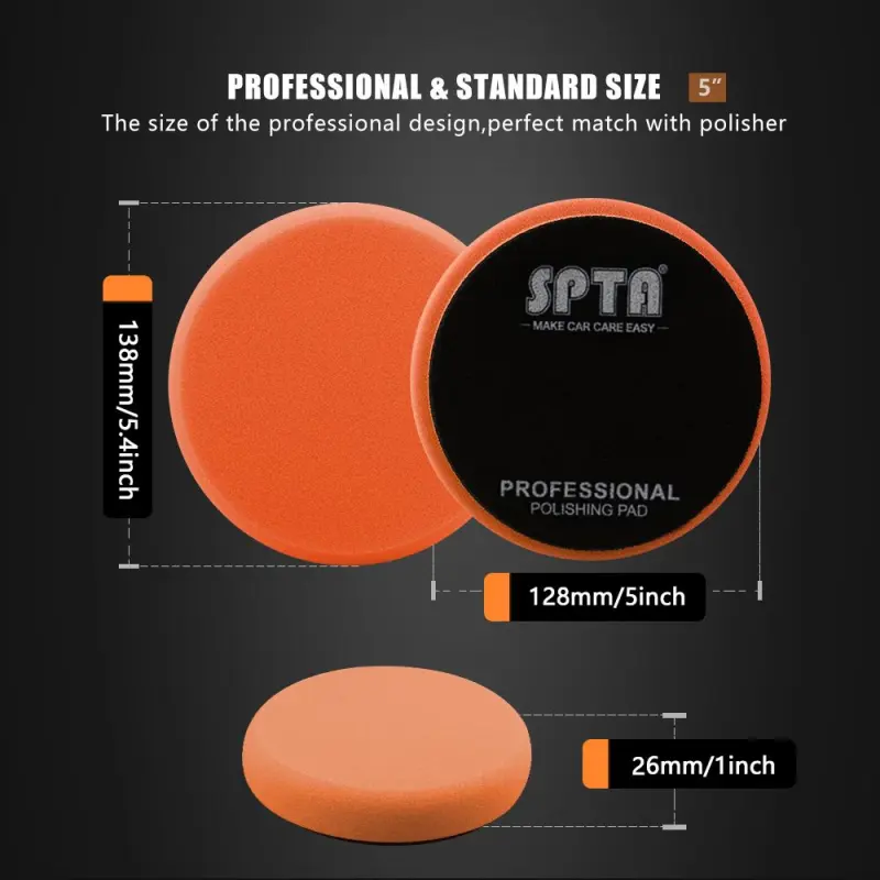 SPTA 3 Inch to 7 Inch T40 Orange Medium-Cut Foam Polishing Pad For DA/RO Car Polisher To Remove Light Cutting Pad ,Remove 2000# Sanding Disc Marks ,Fine Scratches & Light Oxidation High-Cut Foam Pad
