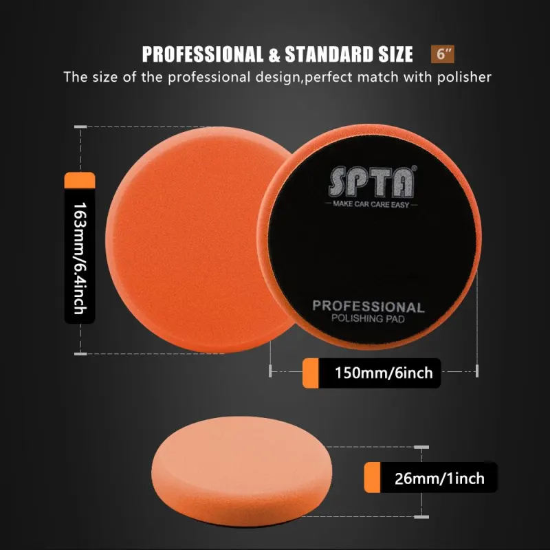 SPTA 3 Inch to 7 Inch T40 Orange Medium-Cut Foam Polishing Pad For DA/RO Car Polisher To Remove Light Cutting Pad ,Remove 2000# Sanding Disc Marks ,Fine Scratches & Light Oxidation High-Cut Foam Pad