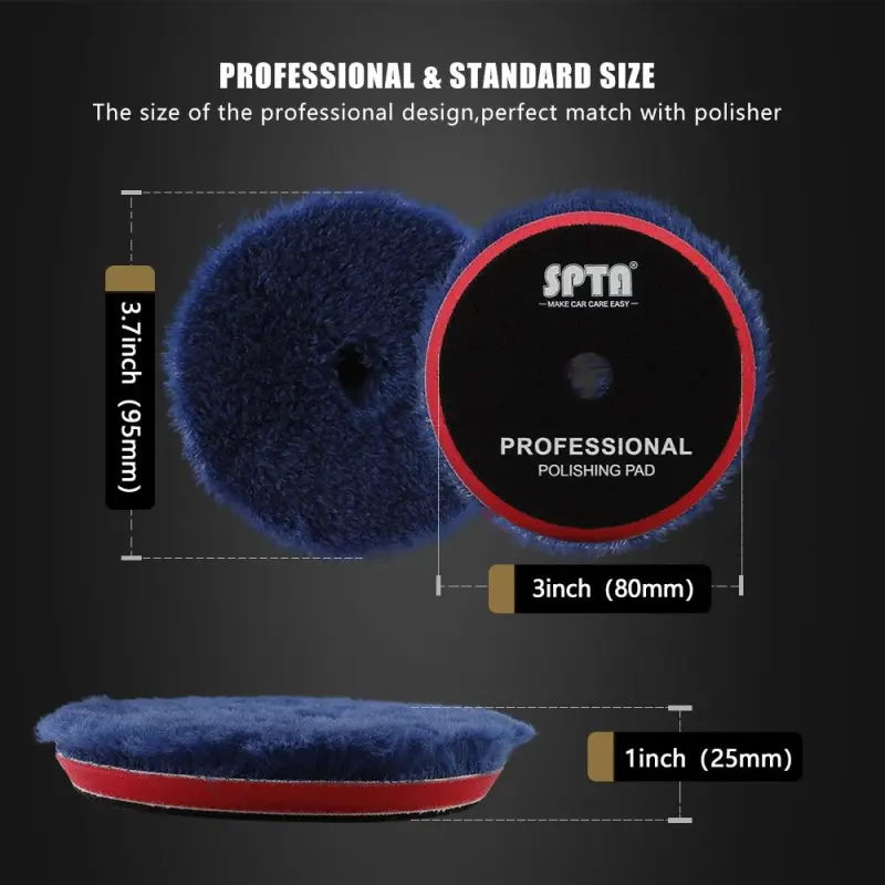 SPTA 3 inch to 6 inch Wool Polishing Pad, T140 Blue Heavy Cut Wool Pad to Remove 1200#/1500# Sanding Disc Marks, Deep Scratches, Orange Peel and Heavy Oxidation for Automotive, Car, RV, Motorbike & Boat