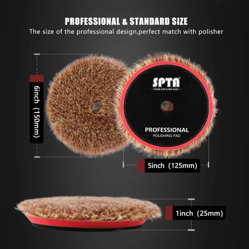 SPTA 3 inch to 6 inch Wool Polishing Pad, T140 Brown&Red Heavy Cut Wool Pad to Remove 1200#/1500# Sanding Disc Marks, Deep Scratches, Orange Peel and Heavy Oxidation for Automotive, Car, RV, Motorbike & Boat