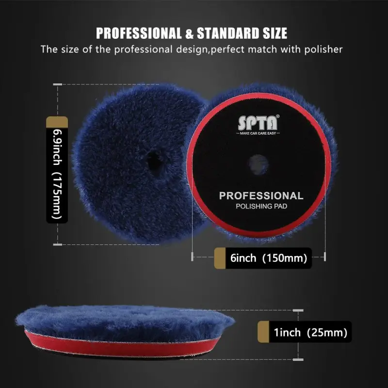 SPTA 3 inch to 6 inch Wool Polishing Pad, T140 Blue Heavy Cut Wool Pad to Remove 1200#/1500# Sanding Disc Marks, Deep Scratches, Orange Peel and Heavy Oxidation for Automotive, Car, RV, Motorbike & Boat