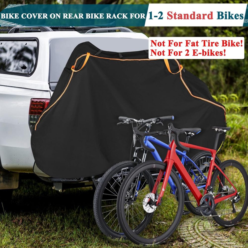 Bike Cover for Transport on Rack 2 Bikes - Upgrade 600D Waterproof Bike Rack Cover with 2 Elastic Cords - Bike Cover on Rear Bike Rack for 2 Standard Bikes - Tear Resistant Bicycle Cover