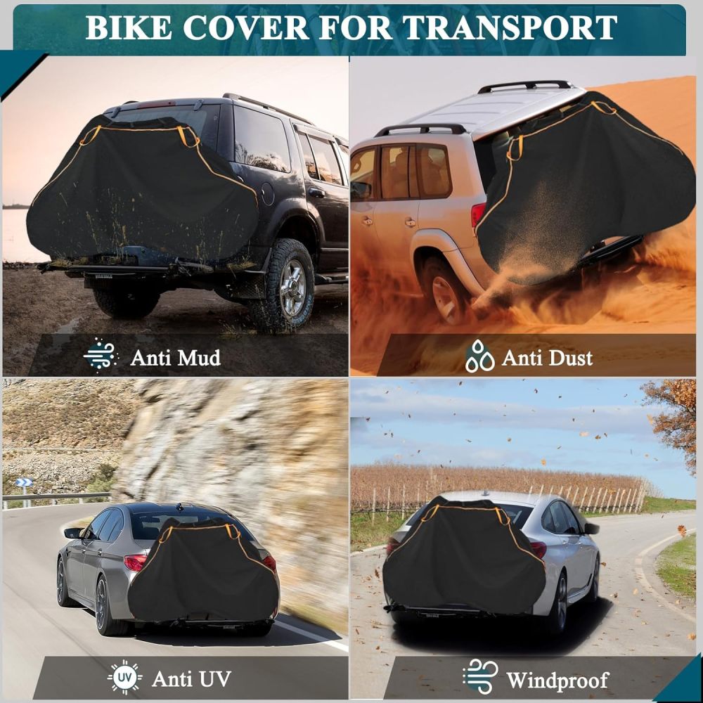 Bike Cover for Transport on Rack 2 Bikes - Upgrade 600D Waterproof Bike Rack Cover with 2 Elastic Cords - Bike Cover on Rear Bike Rack for 2 Standard Bikes - Tear Resistant Bicycle Cover