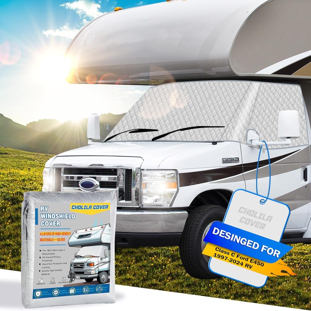 RV Windshield Cover - for Class C Ford E450 1997-2024 Motorhome Windshield Cover - Protect Privacy RV Front Window Sunshade Cover with Mirror Cutouts Block Out Harsh Sun