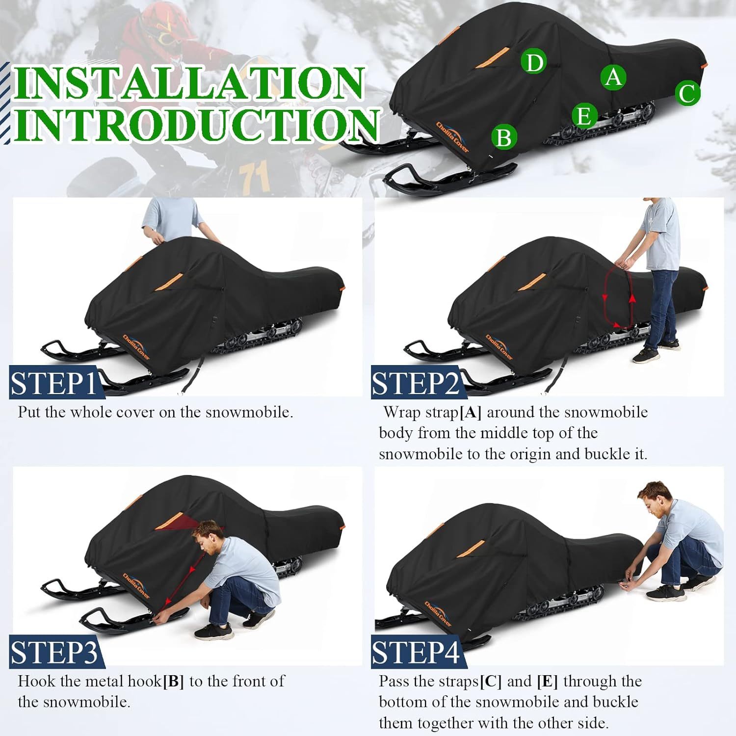 Snowmobile Cover Fit 101" - 118" L with 4 Buckle Straps for Strong Wind Resistance, Trailerable Snowmobile Cover with Tested Water Resistance, Snowmobile Storage Cover