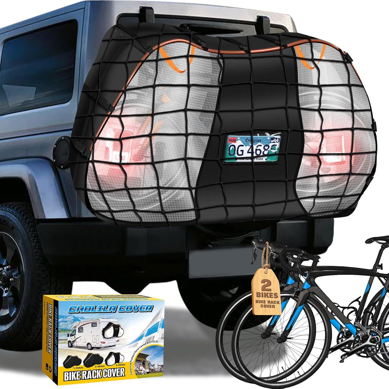 Bike Cover for Transport on Rack - Bike Covers For 2 Bikes On Rear Bike Rack - Bike Rack Cover Visible Tail lights and License Plate Window - Heavy Duty 600D Waterproof Travel Bike Cover