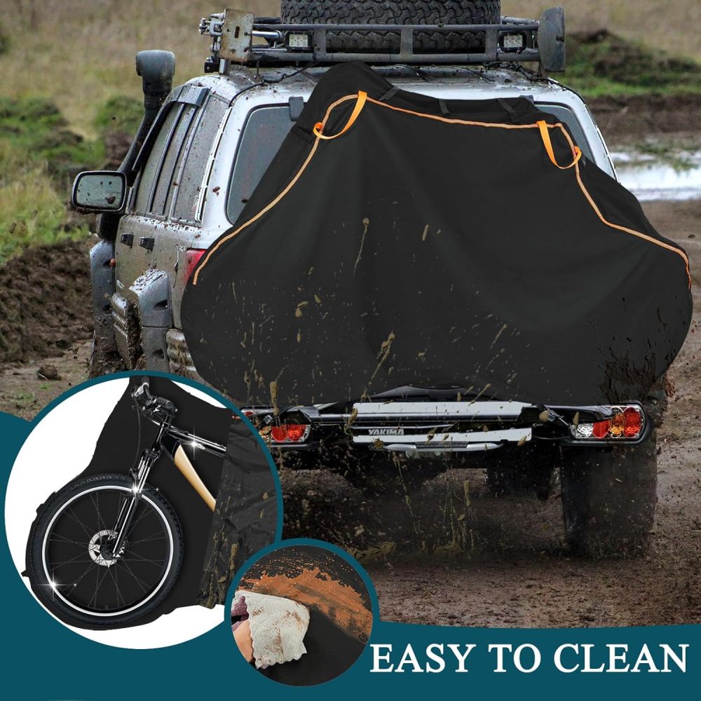 Bike Cover for Transport on Rack 2 Bikes - Upgrade 600D Waterproof Bike Rack Cover with 2 Elastic Cords - Bike Cover on Rear Bike Rack for 2 Standard Bikes - Tear Resistant Bicycle Cover