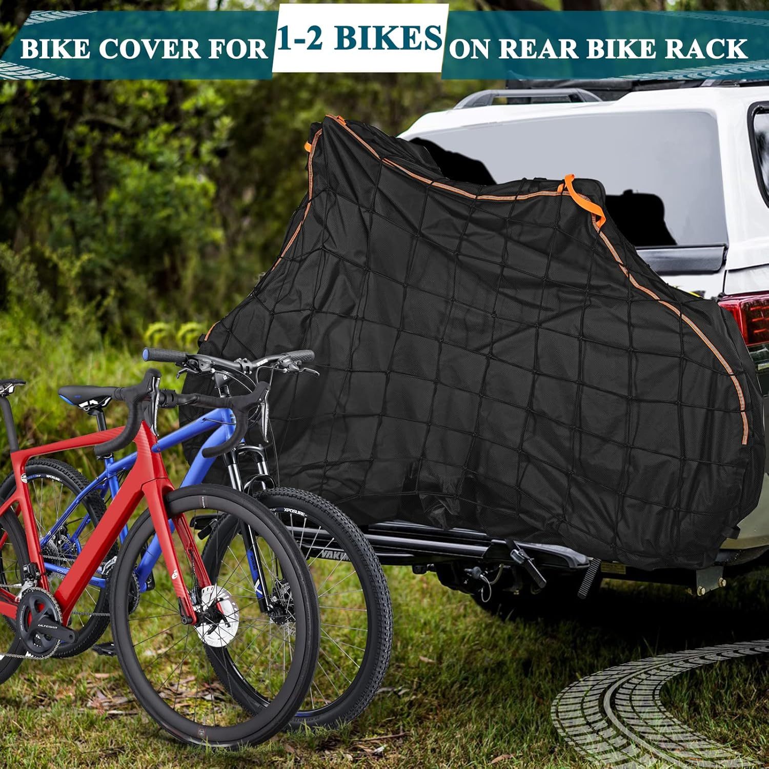 Bike Cover for Transport on Rack for 2 Bikes - Heavy Duty Oxford 600D Bicycle Cover - on Rear Bike Rack with Adjustable Cargo Net for Resistance to Tearing Waterproof Bike Rack Cover