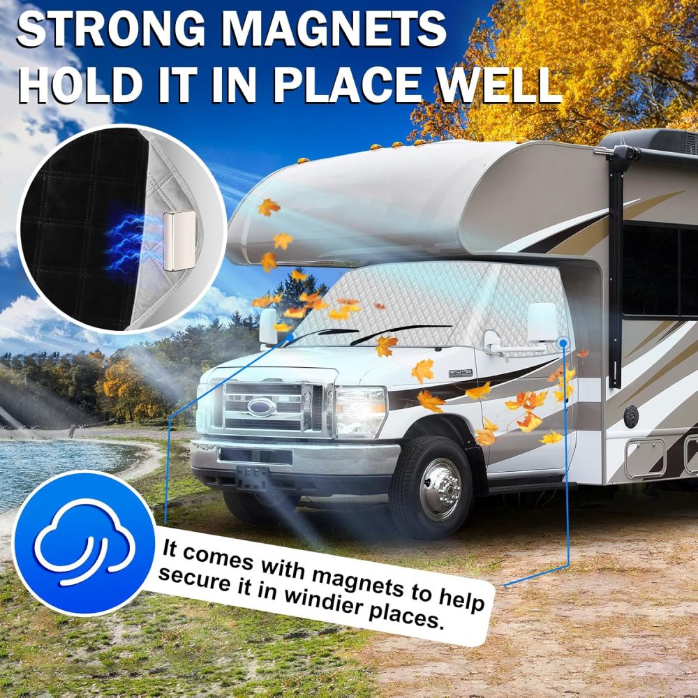 RV Windshield Cover - for Class C Ford E450 1997-2024 Motorhome Windshield Cover - Protect Privacy RV Front Window Sunshade Cover with Mirror Cutouts Block Out Harsh Sun