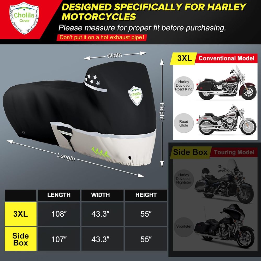 Motorcycle Cover for Touring Models - 600D Harley Davidson Motorcycle Cover Nightster, Sportster, Fat Boy - Motorcycle Cover Waterproof Outdoor Storage - Black+Gray