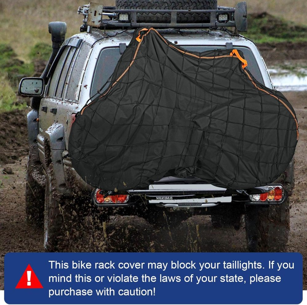 Bike Cover for Transport on Rack for 2 Bikes - Heavy Duty Oxford 600D Bicycle Cover - on Rear Bike Rack with Adjustable Cargo Net for Resistance to Tearing Waterproof Bike Rack Cover